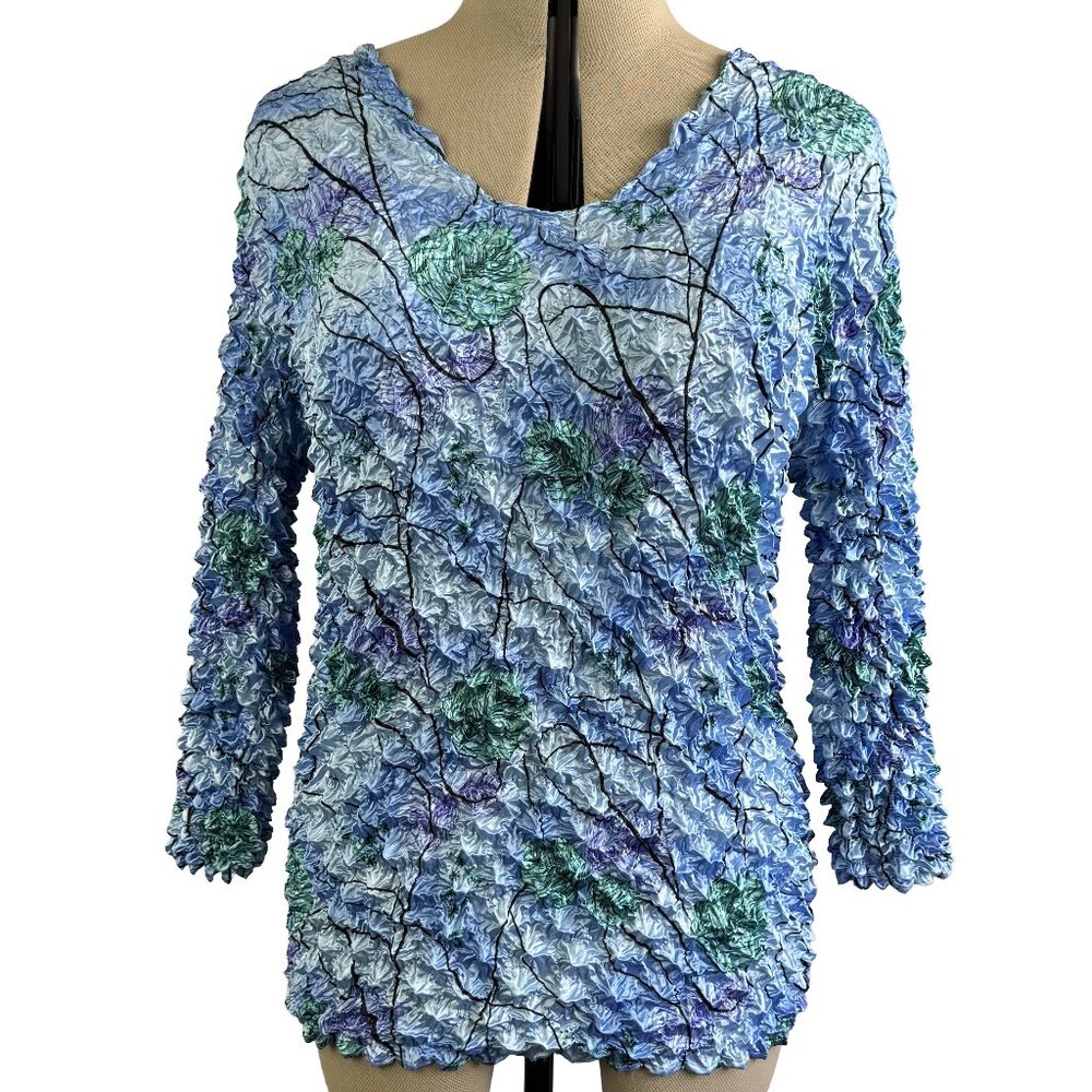 VTG Bubble TEXTURED Floral Pullover Top – Blue/Green Rosette Effect, Hand‑Wash